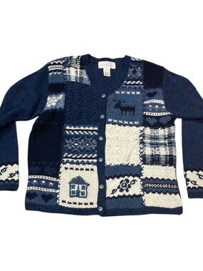 Hand Knit Nordic Cardigan JONES NEW YORK Size Medium 100% Wool Sweater Blue